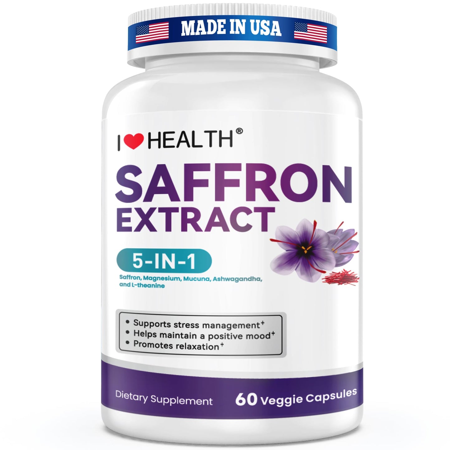 I LOVE HEALTH Saffron Supplement – 88.5mg with Magnesium Glycinate, Ashwagandha & L-Theanine for Stress Relief, Calm Mood & Emotional Balance – Made in USA – 60 Capsules - dailyvitalstore