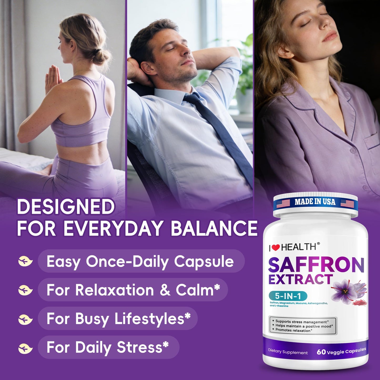 I LOVE HEALTH Saffron Supplement – 88.5mg with Magnesium Glycinate, Ashwagandha & L-Theanine for Stress Relief, Calm Mood & Emotional Balance – Made in USA – 60 Capsules - dailyvitalstore