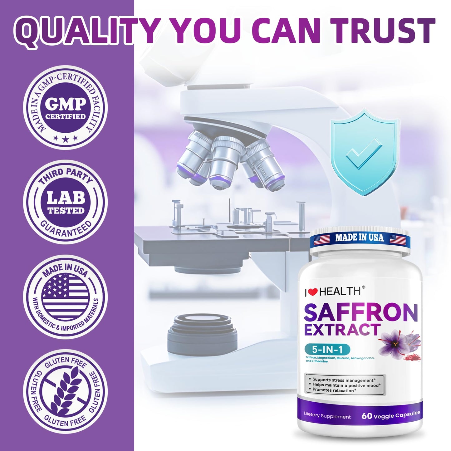 I LOVE HEALTH Saffron Supplement – 88.5mg with Magnesium Glycinate, Ashwagandha & L-Theanine for Stress Relief, Calm Mood & Emotional Balance – Made in USA – 60 Capsules - dailyvitalstore