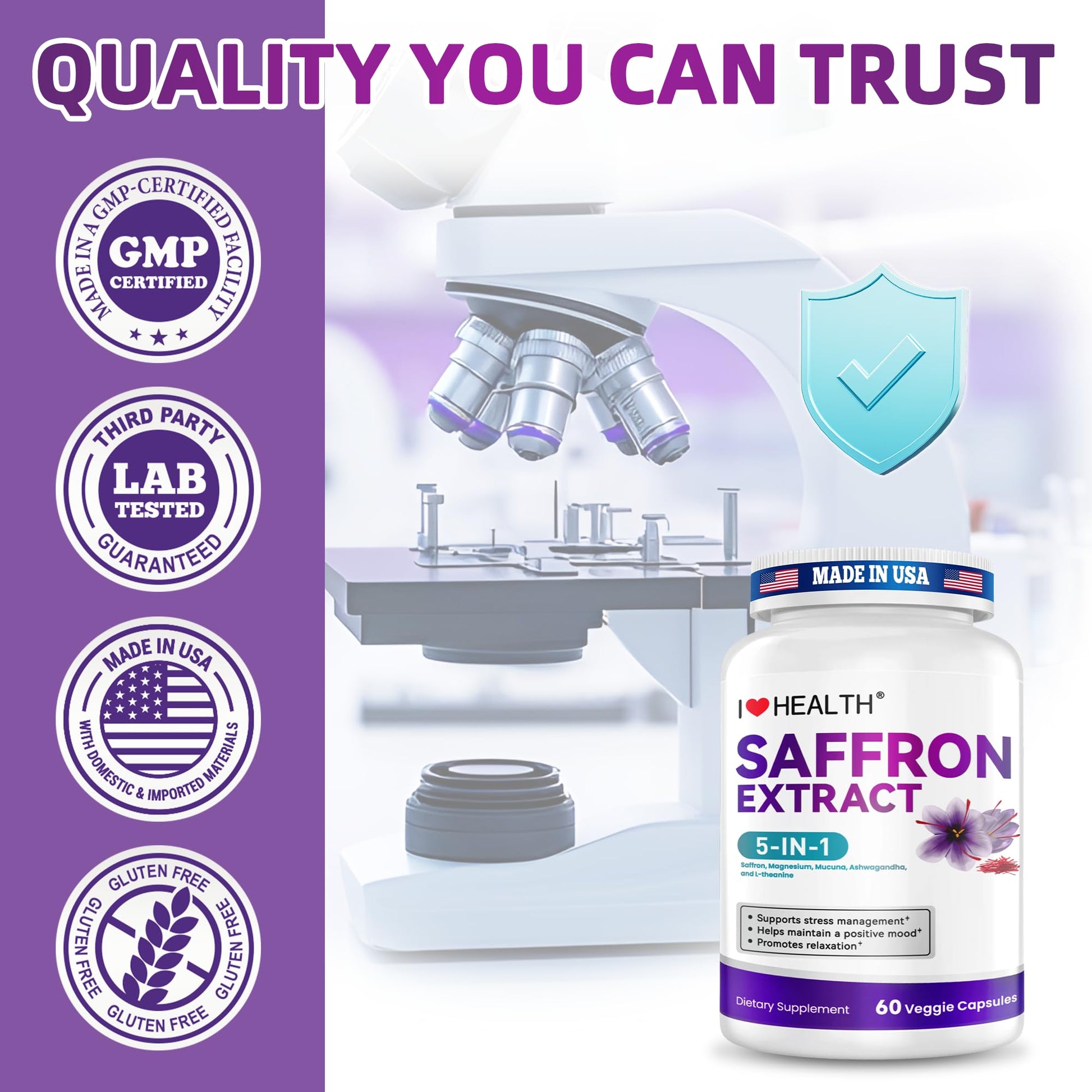I LOVE HEALTH Saffron Supplement – 88.5mg with Magnesium Glycinate, Ashwagandha & L-Theanine for Stress Relief, Calm Mood & Emotional Balance – Made in USA – 60 Capsules - dailyvitalstore