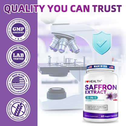 I LOVE HEALTH Saffron Supplement – 88.5mg with Magnesium Glycinate, Ashwagandha & L-Theanine for Stress Relief, Calm Mood & Emotional Balance – Made in USA – 60 Capsules - dailyvitalstore