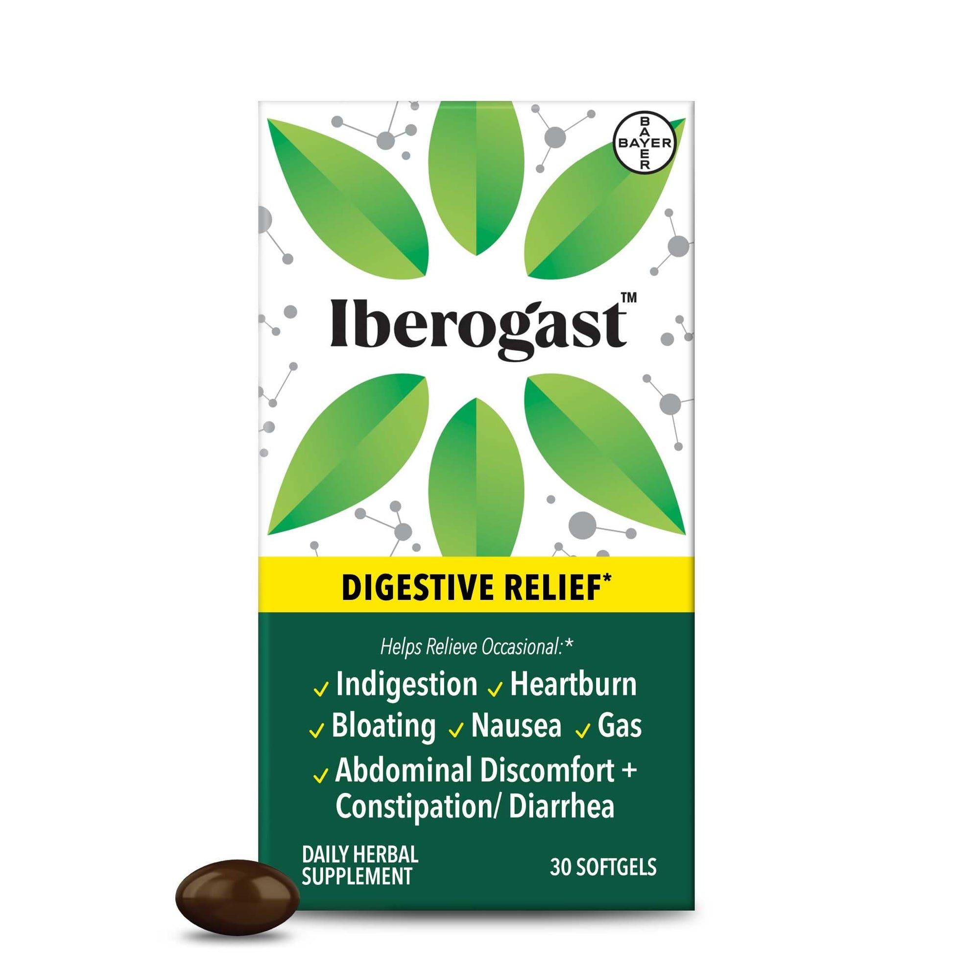 Iberogast Softgels, Herbal Relief of Stomach Upsets: Occasional Indigestion, Bloating, Gas, Nausea, Upset Stomach; 6-Herb Blend with Iberis Amara, Peppermint, Licorice, Lemon Balm; 30ct - dailyvitalstore