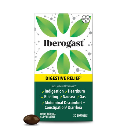 Iberogast Softgels, Herbal Relief of Stomach Upsets: Occasional Indigestion, Bloating, Gas, Nausea, Upset Stomach; 6-Herb Blend with Iberis Amara, Peppermint, Licorice, Lemon Balm; 30ct - dailyvitalstore