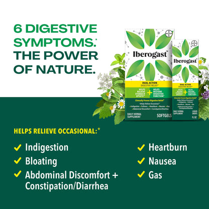 Iberogast Softgels, Herbal Relief of Stomach Upsets: Occasional Indigestion, Bloating, Gas, Nausea, Upset Stomach; 6-Herb Blend with Iberis Amara, Peppermint, Licorice, Lemon Balm; 30ct - dailyvitalstore