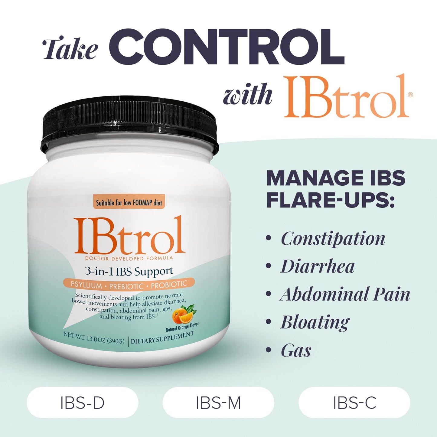 IBtrol® 3–in–1 IBS Gut Health Supplement with Psyllium, Prebiotic and Probiotics, Manages IBS Symptoms, Gas, Bloating, Diarrhea, Constipation, Abdominal Pain 60 Servings (Natural Orange Flavor) - dailyvitalstore