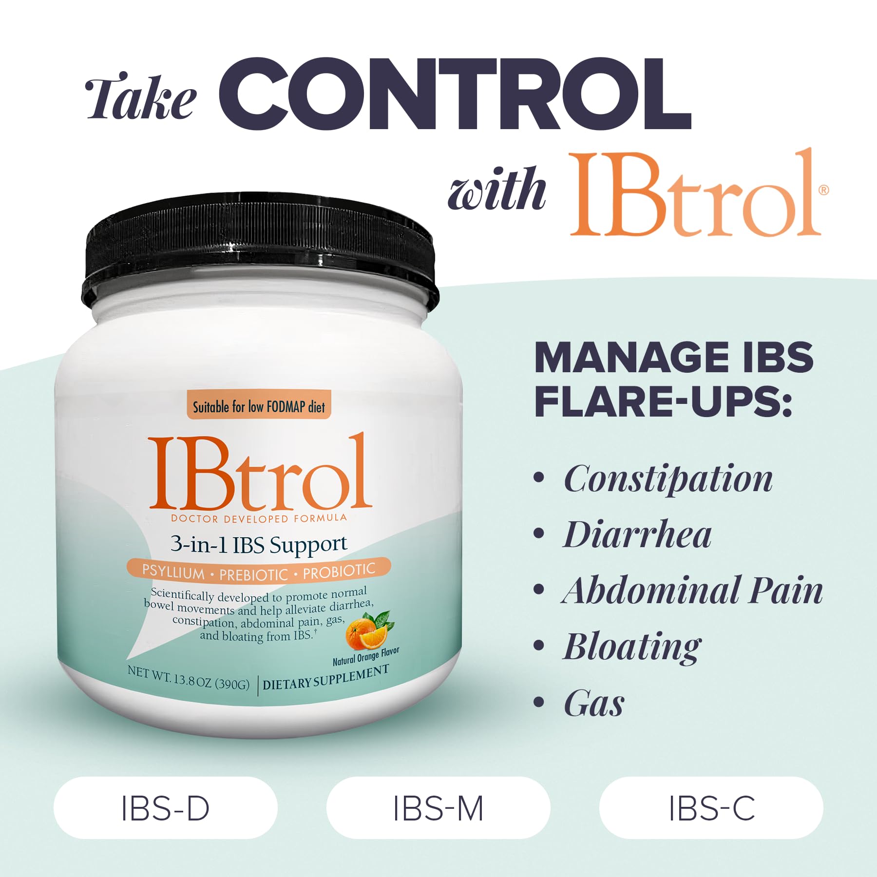IBtrol® 3–in–1 IBS Gut Health Supplement with Psyllium, Prebiotic and Probiotics, Manages IBS Symptoms, Gas, Bloating, Diarrhea, Constipation, Abdominal Pain 60 Servings (Natural Orange Flavor) - dailyvitalstore