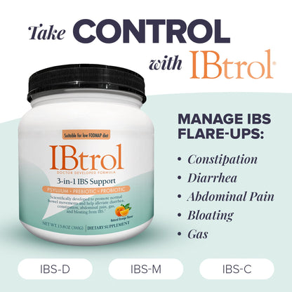 IBtrol® 3–in–1 IBS Gut Health Supplement with Psyllium, Prebiotic and Probiotics, Manages IBS Symptoms, Gas, Bloating, Diarrhea, Constipation, Abdominal Pain 60 Servings (Natural Orange Flavor) - dailyvitalstore