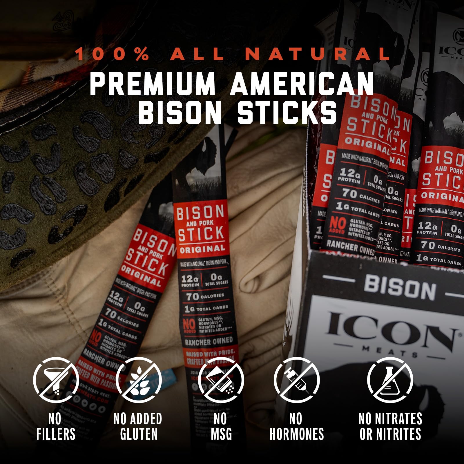 ICON Meats Bison and Pork Snack Sticks, Original Flavor, 24 Pack of High Protein Snacks, Sugar Free, Natural Jerky Meat Sticks, Gluten Free, USDA Inspected, Made in USA, Gifts for Him - dailyvitalstore