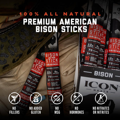ICON Meats Bison and Pork Snack Sticks, Original Flavor, 24 Pack of High Protein Snacks, Sugar Free, Natural Jerky Meat Sticks, Gluten Free, USDA Inspected, Made in USA, Gifts for Him - dailyvitalstore