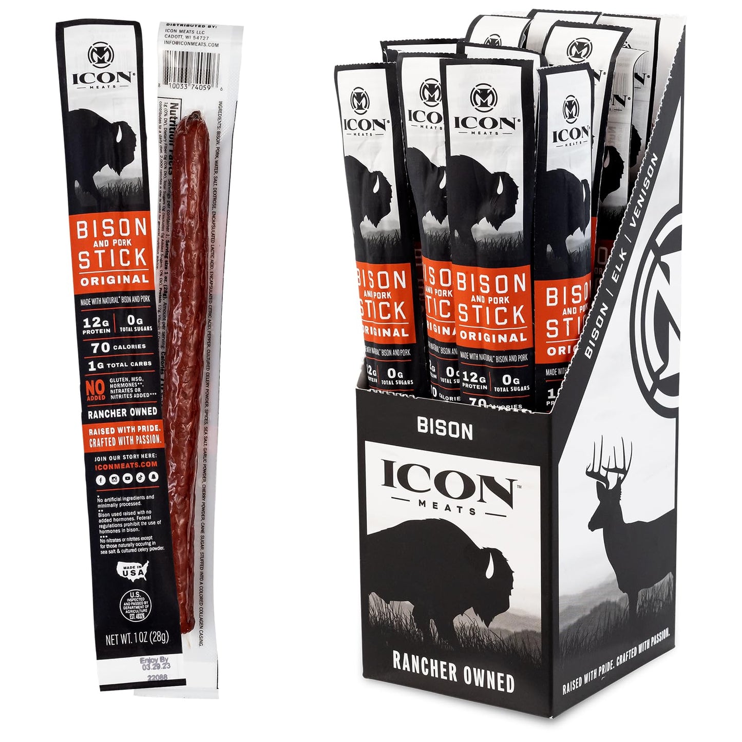 ICON Meats Bison and Pork Snack Sticks, Original Flavor, 24 Pack of High Protein Snacks, Sugar Free, Natural Jerky Meat Sticks, Gluten Free, USDA Inspected, Made in USA, Gifts for Him - dailyvitalstore