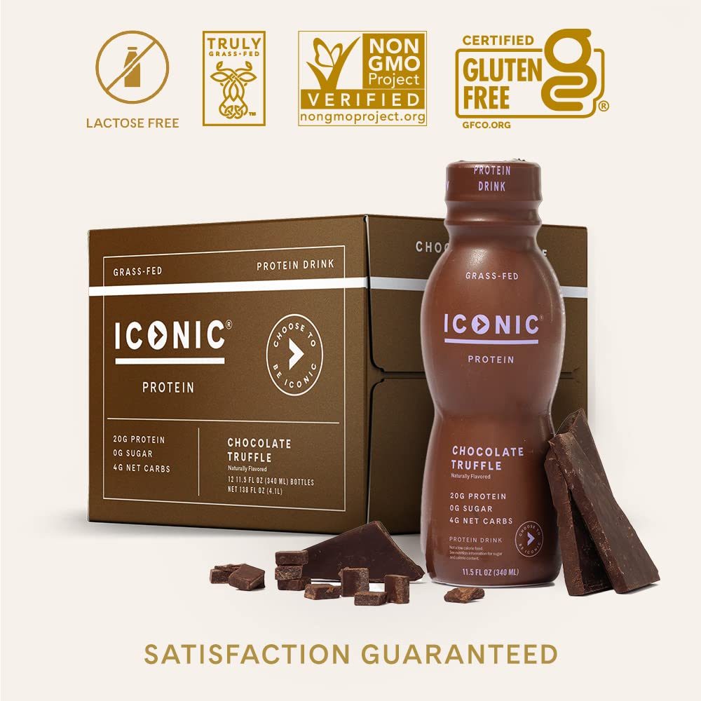 Iconic Protein Drinks, Chocolate Truffle (12 Pack) - Sugar Free & Low Carb - 20g Grass Fed Protein - Lactose Free, Gluten Free, Non-GMO, Kosher - Keto Friendly Protein Shakes - dailyvitalstore