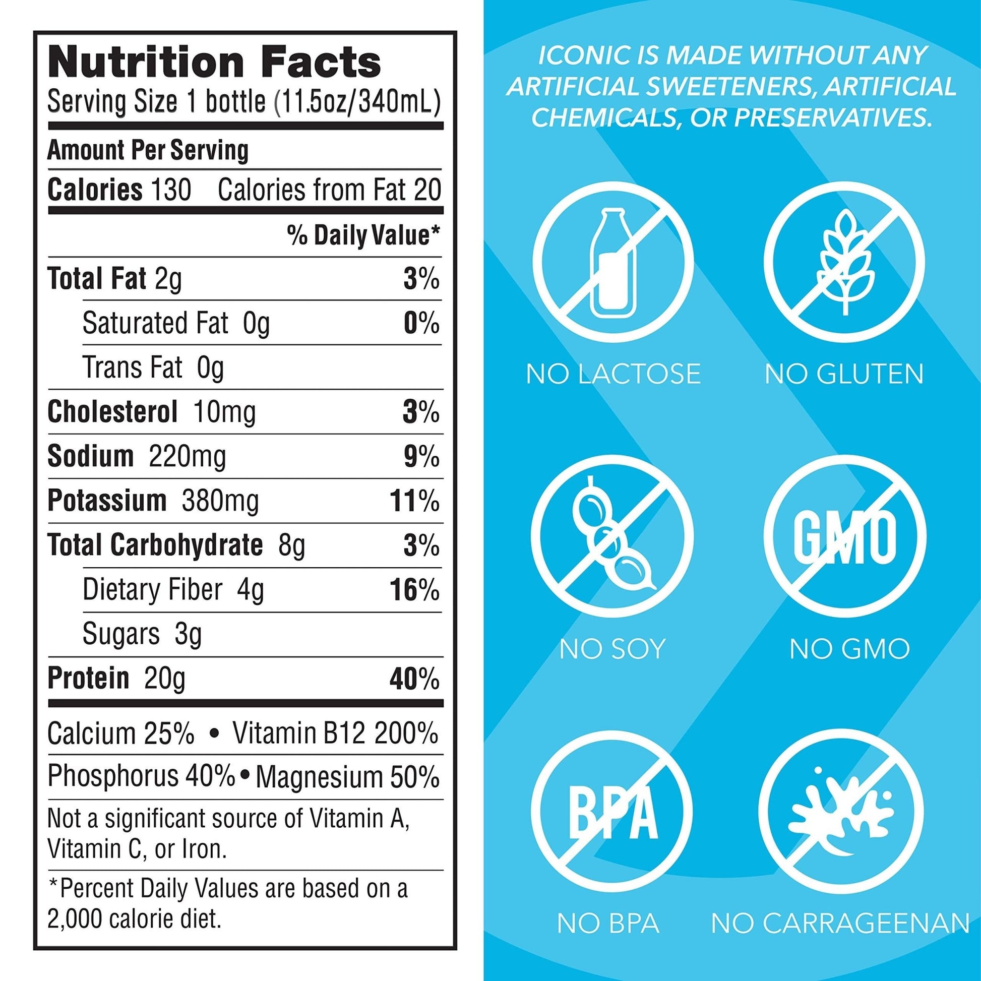 Iconic Protein Drinks, Vanilla Bean (12 Pack) - Sugar Free & Low Carb - 20g Grass Fed Protein - Lactose Free, Gluten Free, Non-GMO, Kosher - Keto Friendly Protein Shakes - dailyvitalstore