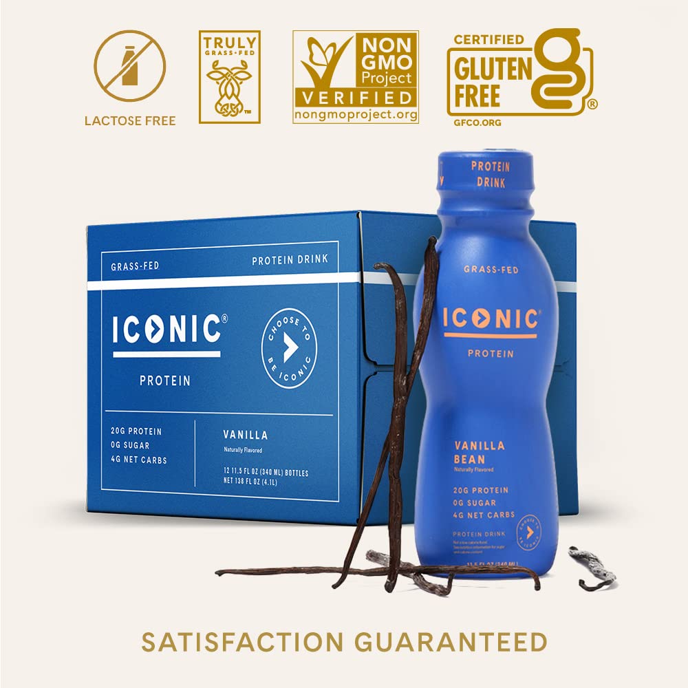 Iconic Protein Drinks, Vanilla Bean (12 Pack) - Sugar Free & Low Carb - 20g Grass Fed Protein - Lactose Free, Gluten Free, Non-GMO, Kosher - Keto Friendly Protein Shakes - dailyvitalstore