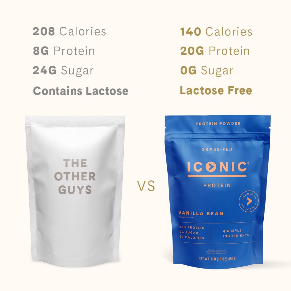 ICONIC Protein Powder, Vanilla Bean - Sugar Free, Low Carb Protein Powder - Lactose Free, Gluten Free, Non-GMO - 20g Grass Fed Whey & Casein Protein - Keto Friendly, 1 lb Pouch (18 Servings) - dailyvitalstore