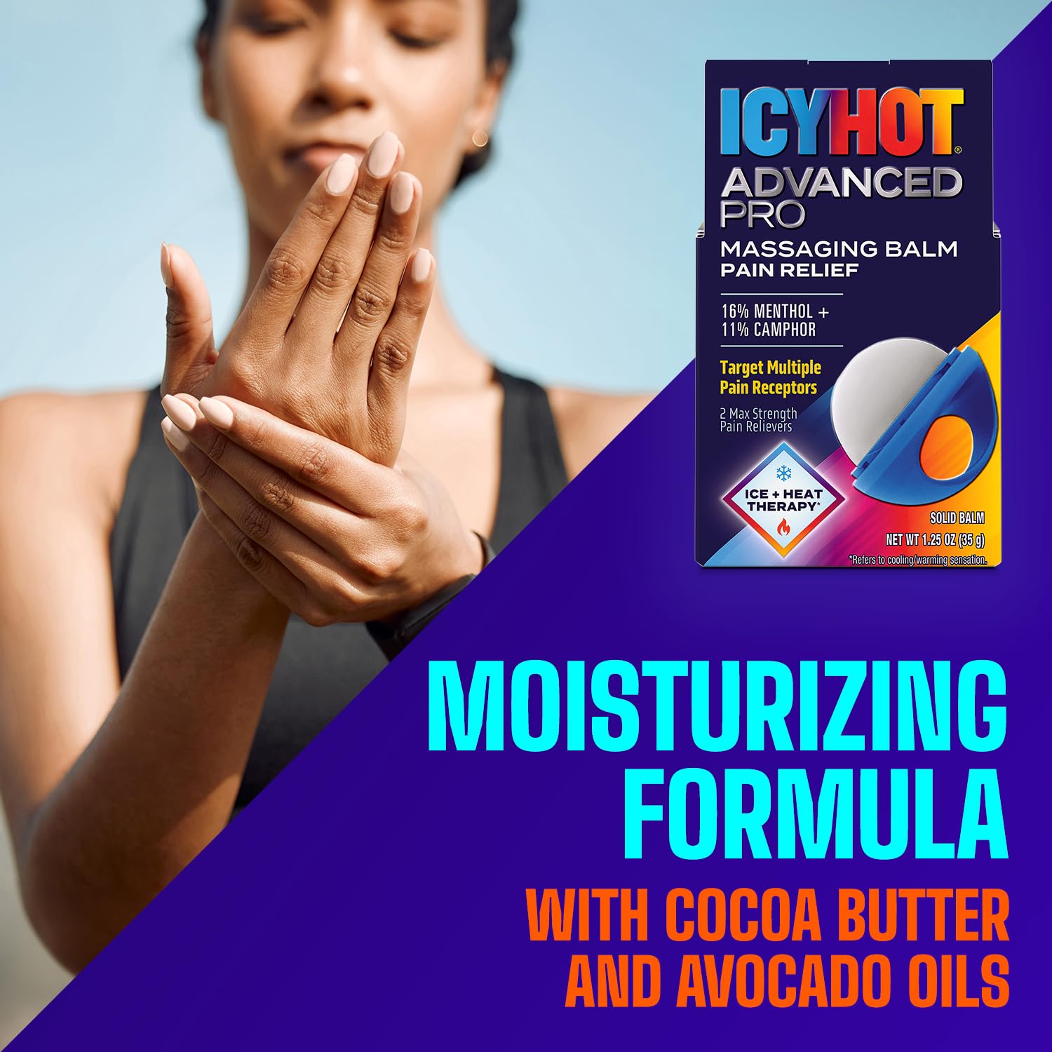 Icy Hot Advanced PRO Pain Relief Massaging Balm, Fast-Acting Max Strength Pain Relief With Menthol 16% and Camphor 11% for Backaches, Joints, Muscle Strains and Arthritis, Essential Oil Scent, 1.25 oz - dailyvitalstore