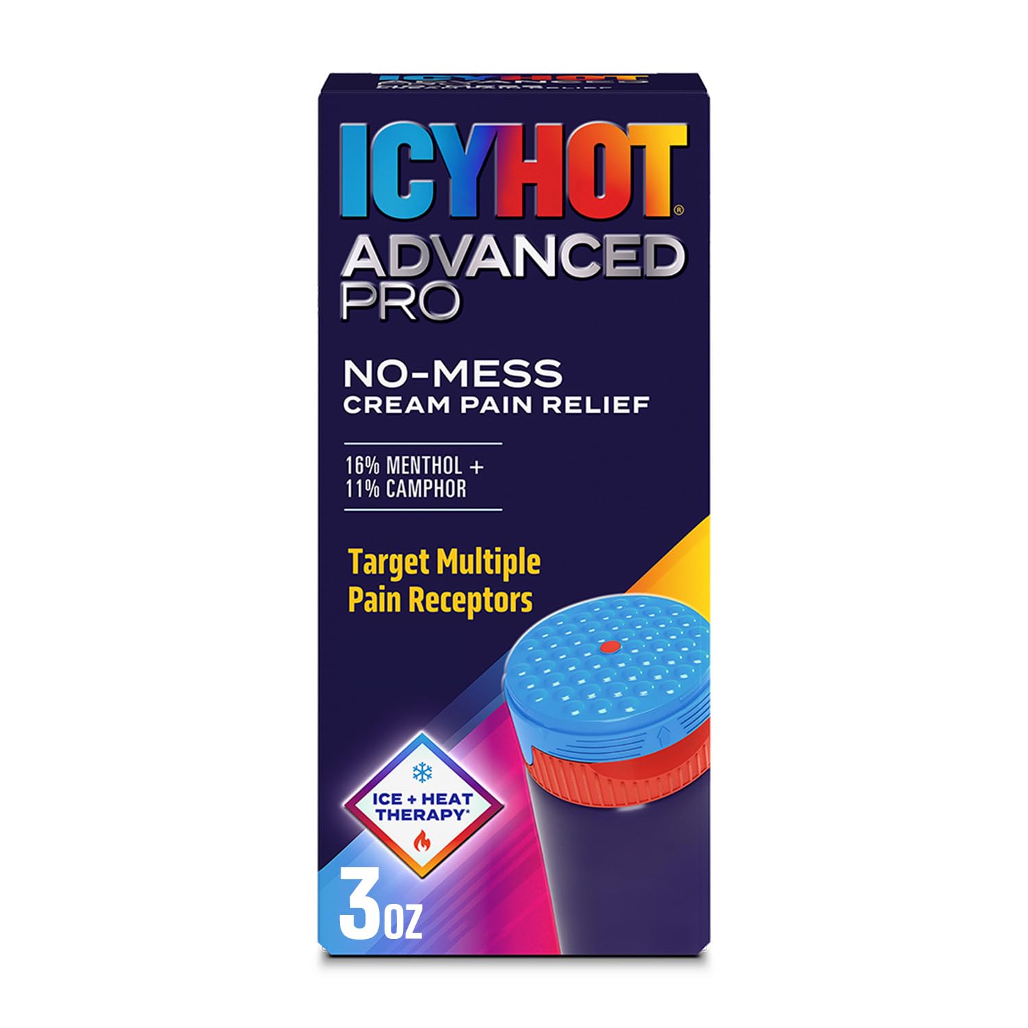 Icy Hot Advanced PRO Pain Relief No-Mess Cream with Massaging Applicator, Max Strength Pain Relief with Menthol 16% and Camphor 11% for Backaches, Joints, Muscle Strains and Arthritis, 3 oz - dailyvitalstore