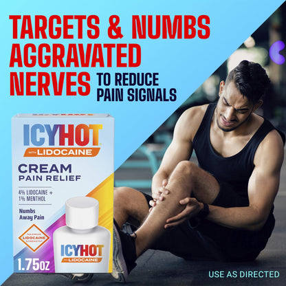Icy Hot Lidocaine Pain Relief Cream, Numb Aggravated Nerves with Max Strength Lidocaine 4% and Menthol 1%, Fast-Acting Pain Relief for Minor Pain, Backaches, Sprains and Strains, 1.75 oz - dailyvitalstore