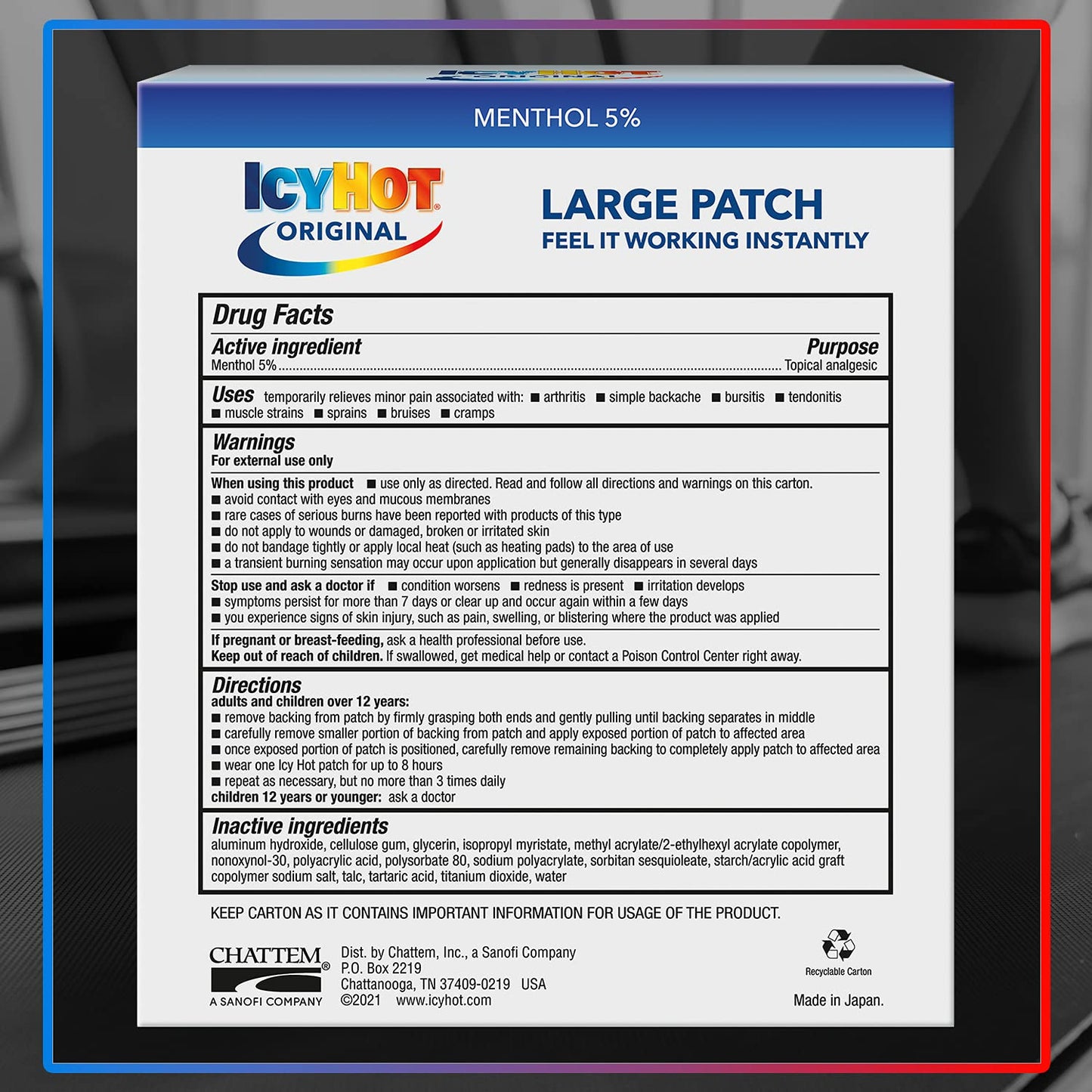 Icy Hot Original Pain Relief Patch, Large Size Comfortable Fabric Patches with Menthol 5%, Ice and Heat Contrast Therapy for Backaches, Joints, Muscle Strains and Arthritis, 5 ct. - dailyvitalstore