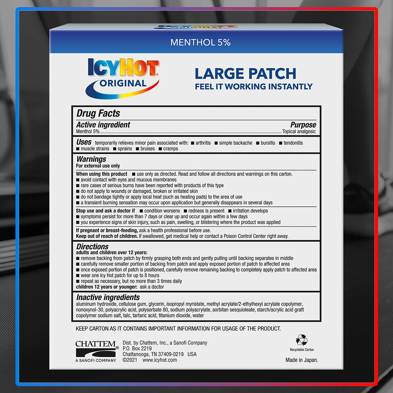 Icy Hot Original Pain Relief Patch, Large Size Comfortable Fabric Patches with Menthol 5%, Ice and Heat Contrast Therapy for Backaches, Joints, Muscle Strains and Arthritis, 5 ct. - dailyvitalstore