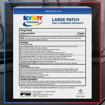 Icy Hot Original Pain Relief Patch, Large Size Comfortable Fabric Patches with Menthol 5%, Ice and Heat Contrast Therapy for Backaches, Joints, Muscle Strains and Arthritis, 5 ct. - dailyvitalstore