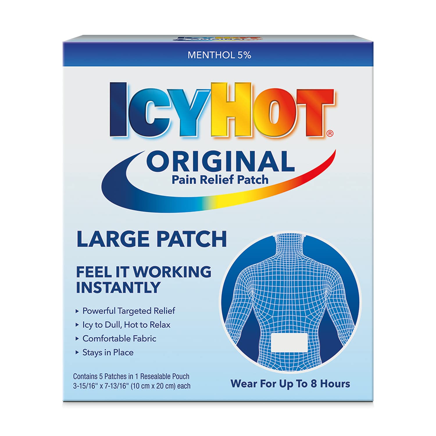 Icy Hot Original Pain Relief Patch, Large Size Comfortable Fabric Patches with Menthol 5%, Ice and Heat Contrast Therapy for Backaches, Joints, Muscle Strains and Arthritis, 5 ct. - dailyvitalstore