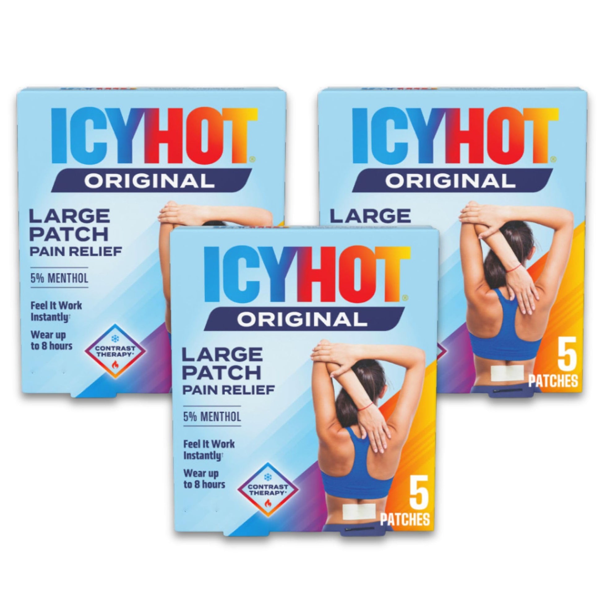Icy Hot Original Pain Relief Patch, Large Size Comfortable Fabric Patches with Menthol 5%, Ice and Heat Contrast Therapy for Backaches, Joints, Muscle Strains and Arthritis, 5 ct., 3 Pack - dailyvitalstore