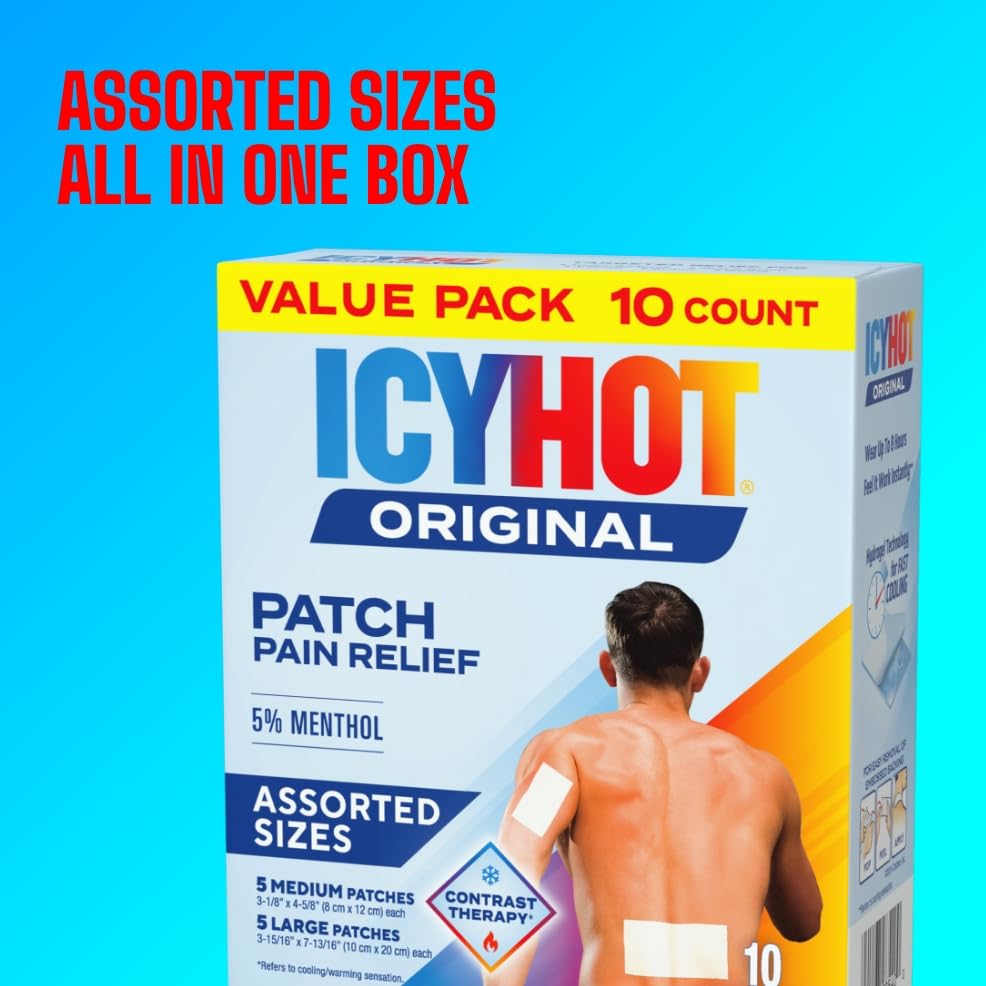 Icy Hot Original Pain Relief Patch Variety Pack with 5% Cooling Menthol for Fast-Acting Muscle and Joint Pain Relief, 5 Medium and 5 Large Comfortable Fabric Patches, 10 Ct., 2 pk - dailyvitalstore