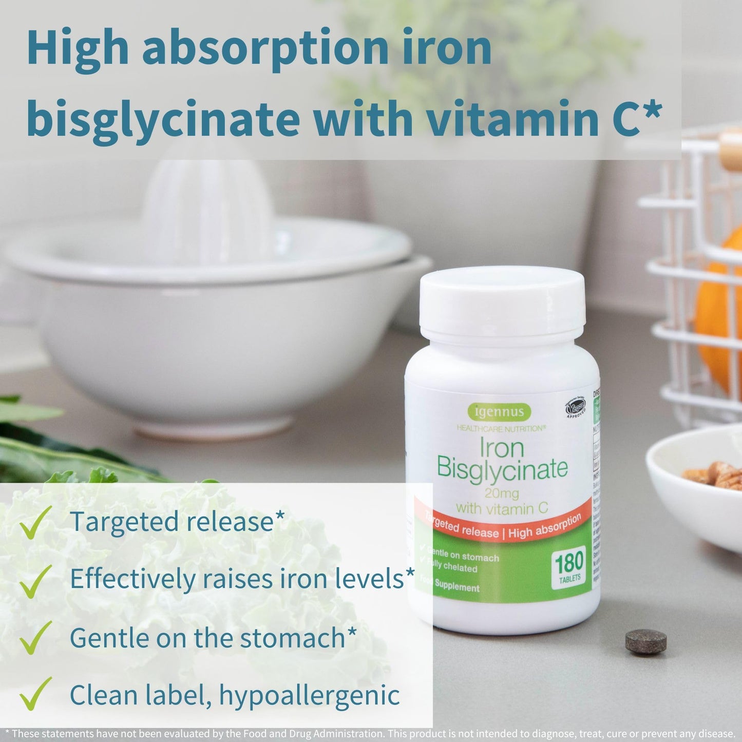 Igennus Clean Iron Bisglycinate 20mg, Vitamin C, 6 Month Supply, Gentle Chelated High Absorption Formula & Targeted Release Ferrous Bisglycinate - dailyvitalstore