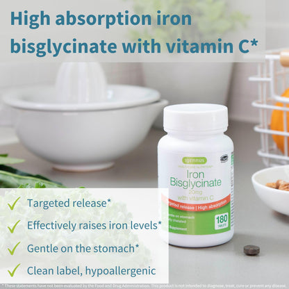 Igennus Clean Iron Bisglycinate 20mg, Vitamin C, 6 Month Supply, Gentle Chelated High Absorption Formula & Targeted Release Ferrous Bisglycinate - dailyvitalstore