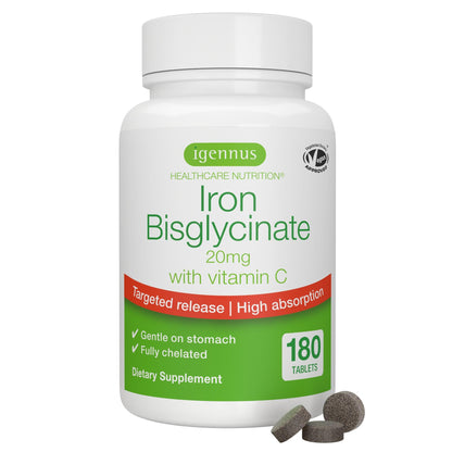 Igennus Clean Iron Bisglycinate 20mg, Vitamin C, 6 Month Supply, Gentle Chelated High Absorption Formula & Targeted Release Ferrous Bisglycinate - dailyvitalstore