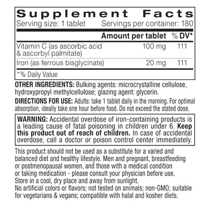 Igennus Clean Iron Bisglycinate 20mg, Vitamin C, 6 Month Supply, Gentle Chelated High Absorption Formula & Targeted Release Ferrous Bisglycinate - dailyvitalstore