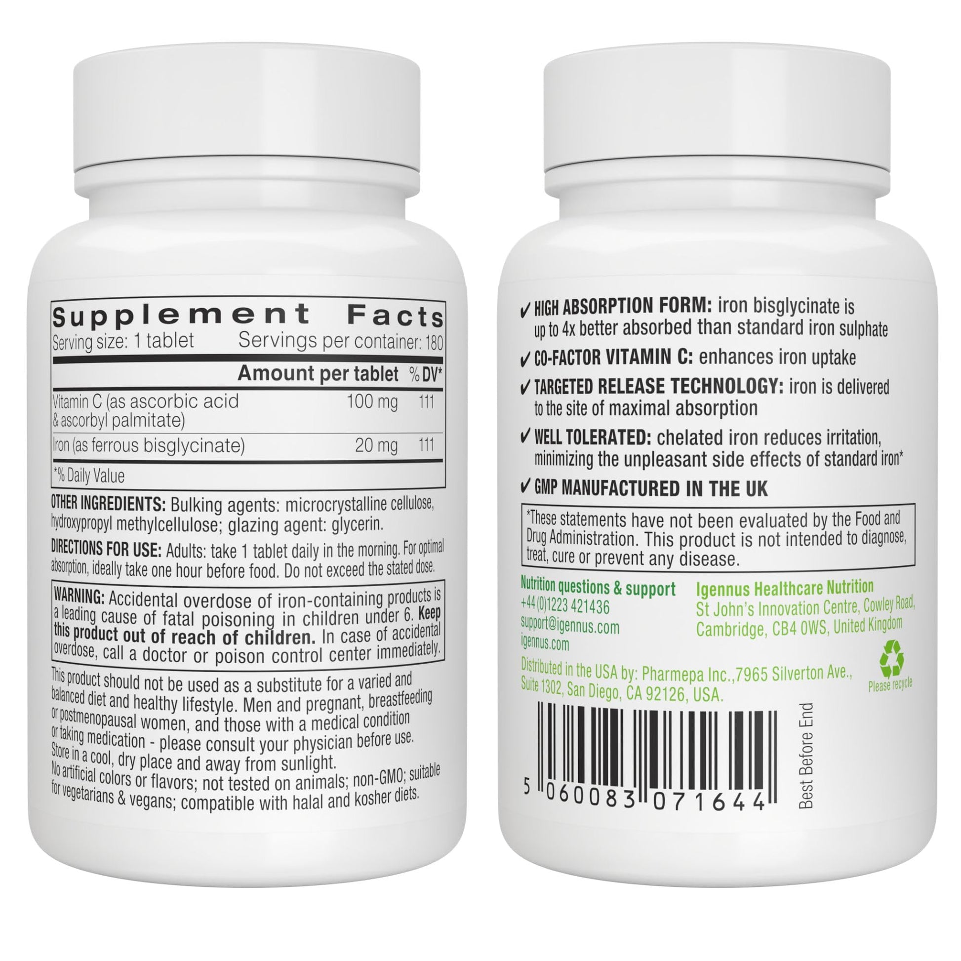 Igennus Clean Iron Bisglycinate 20mg, Vitamin C, 6 Month Supply, Gentle Chelated High Absorption Formula & Targeted Release Ferrous Bisglycinate - dailyvitalstore