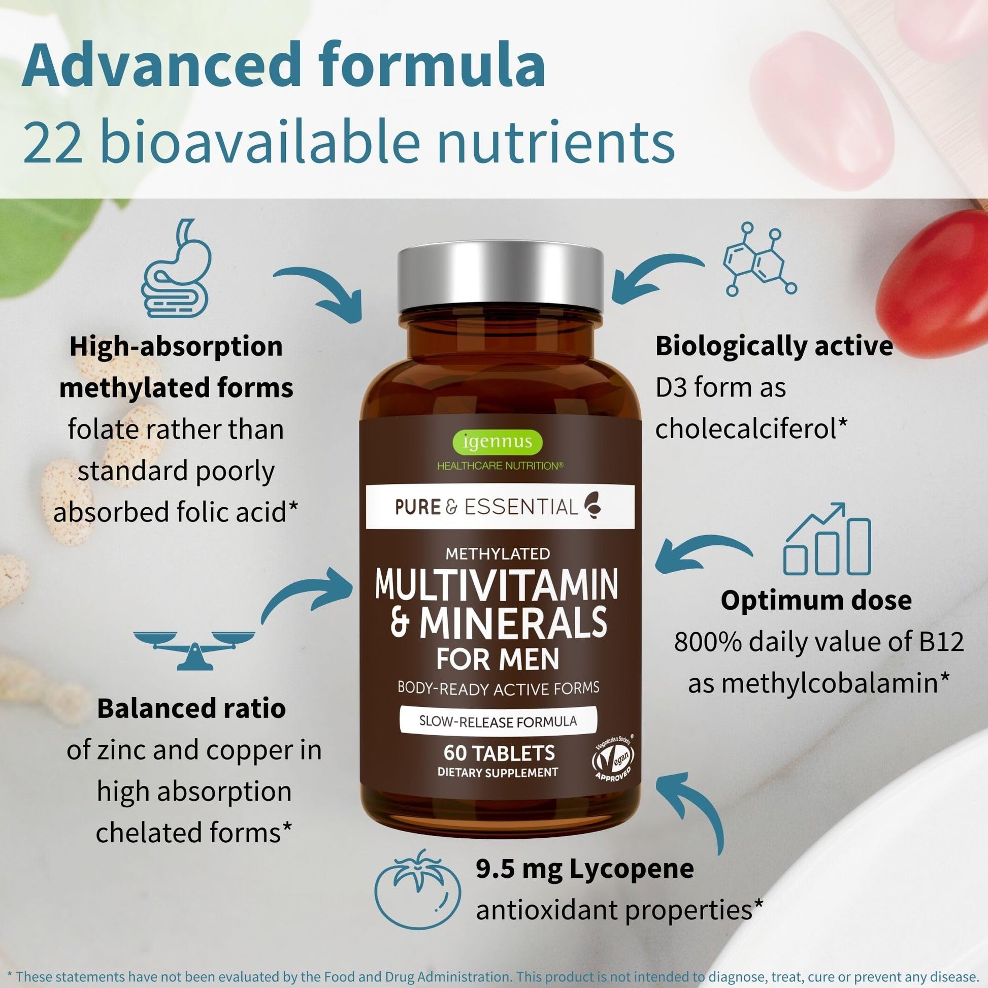 Igennus Methylated Men's Multivitamin with 22 Actives, Added Lycopene for Antioxidant Support, High Potency B12, Sustained Release, - dailyvitalstore