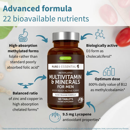 Igennus Methylated Men's Multivitamin with 22 Actives, Added Lycopene for Antioxidant Support, High Potency B12, Sustained Release, - dailyvitalstore