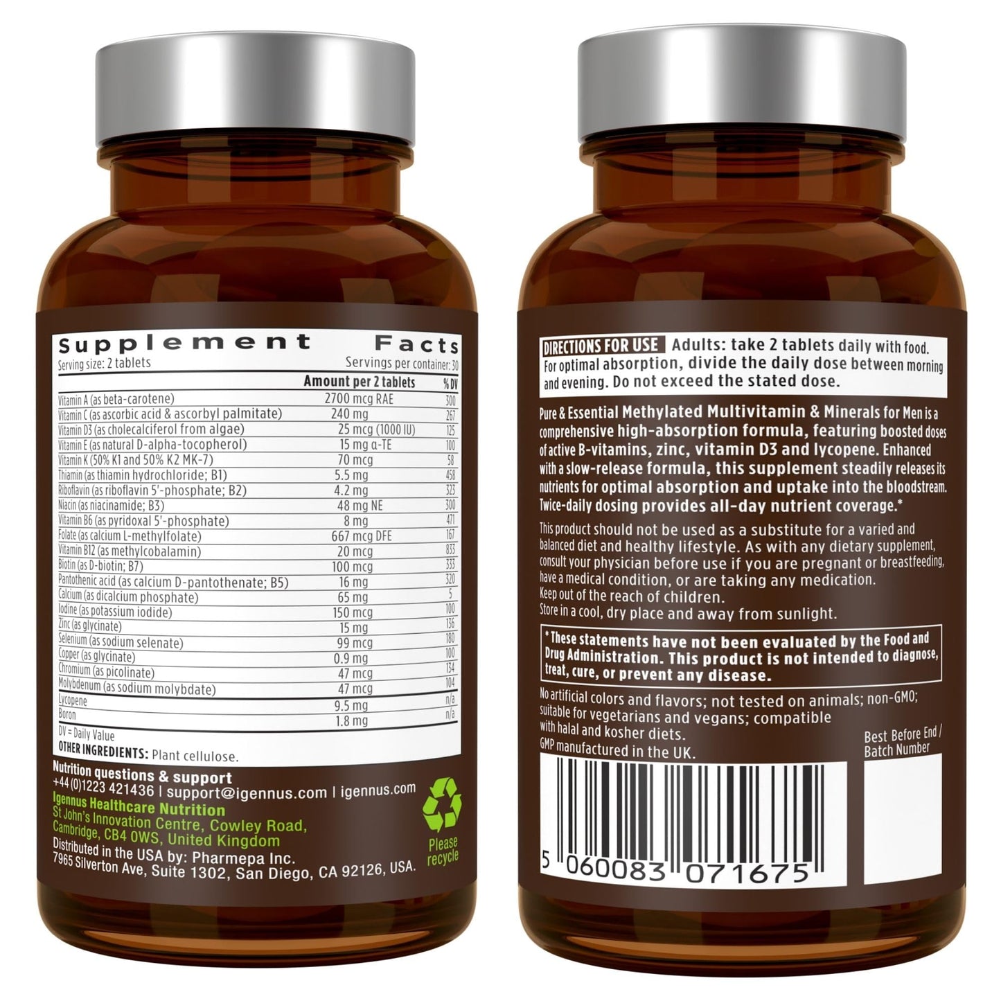 Igennus Methylated Men's Multivitamin with 22 Actives, Added Lycopene for Antioxidant Support, High Potency B12, Sustained Release, - dailyvitalstore