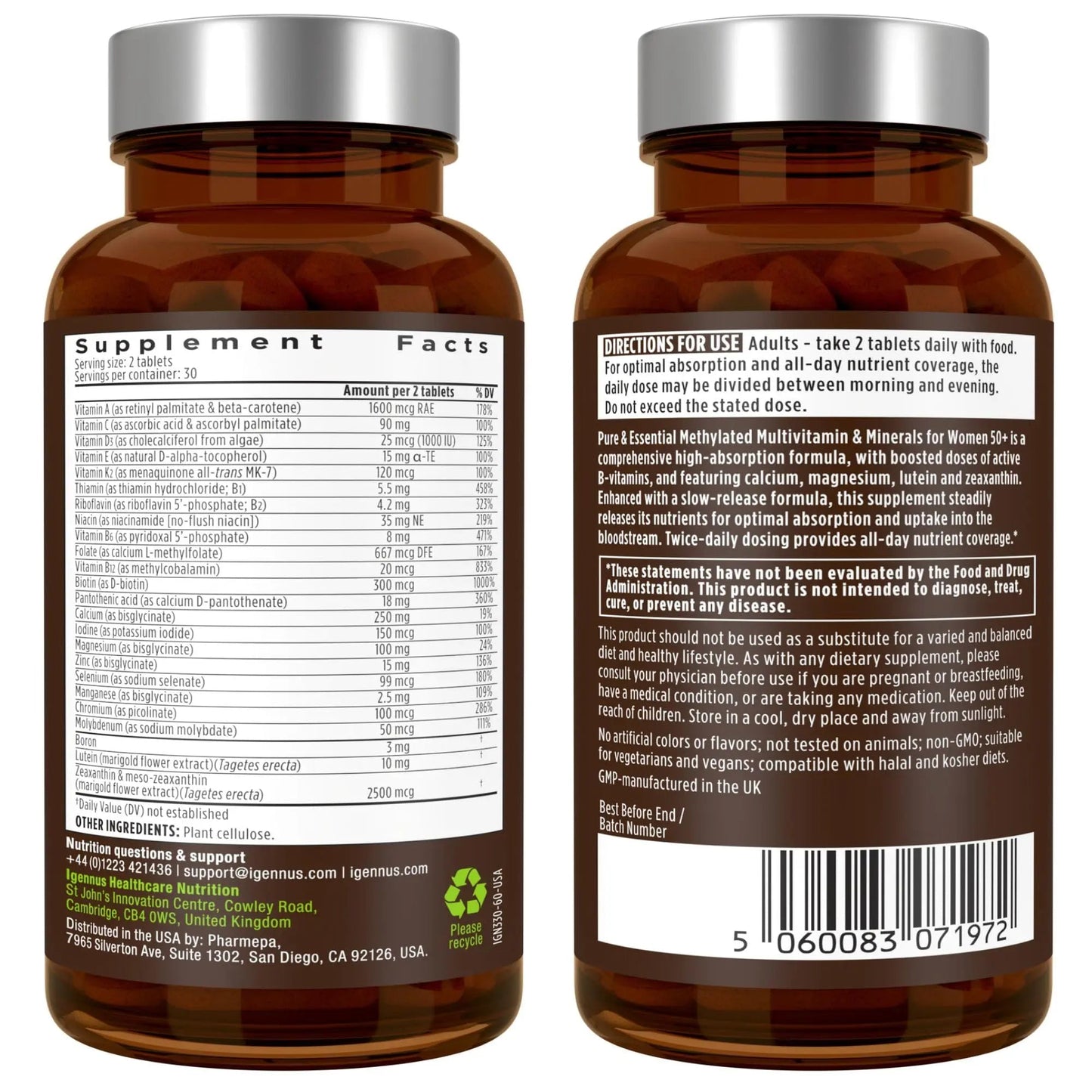 Igennus Methylated Women's 50+ Multivitamin with Calcium & Magnesium, Pure & Clean, All-Day Nutrient Delivery with High-Strength B-Vitamins - dailyvitalstore