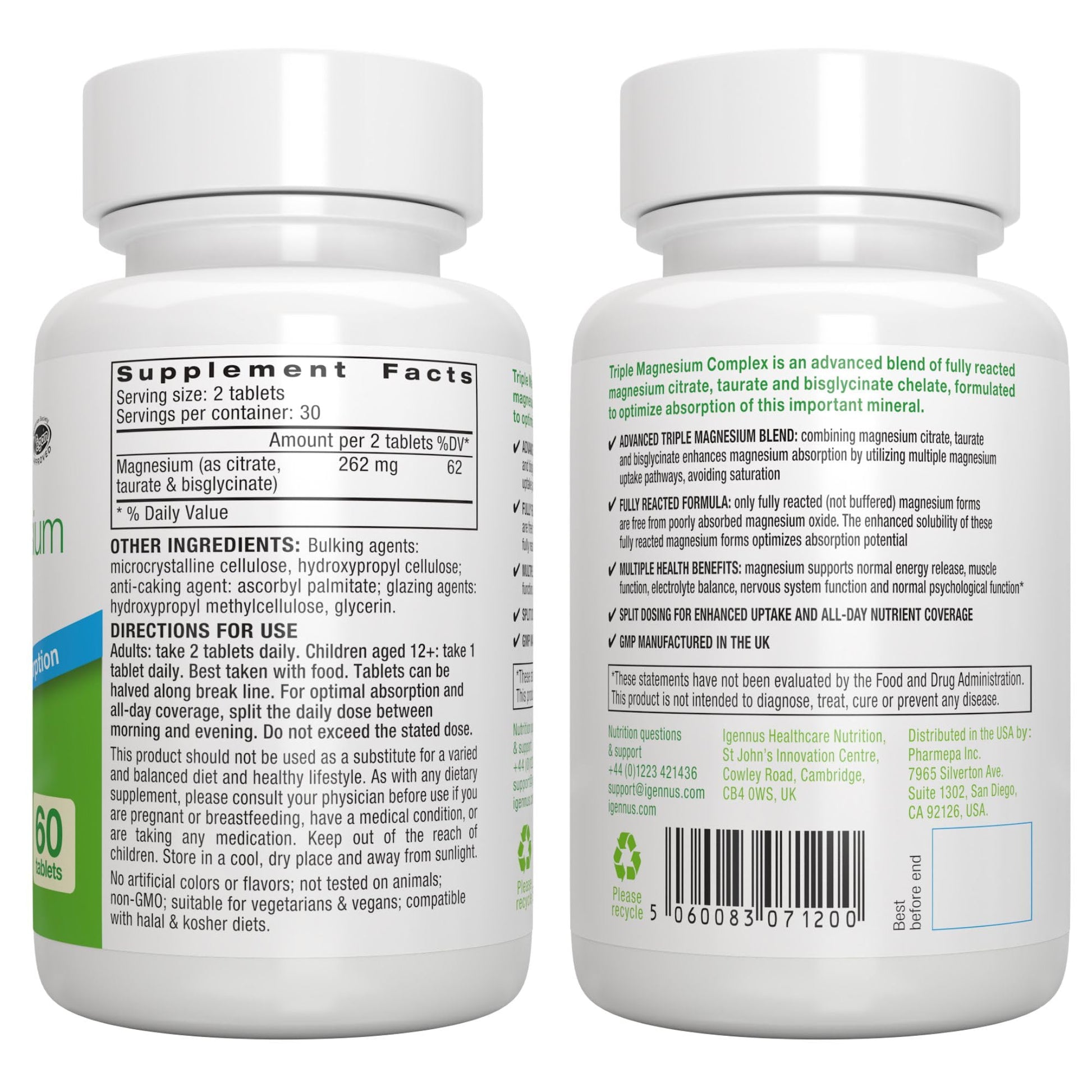 Igennus Superior Triple Magnesium Complex, Fully Reacted & Chelated Glycinate, Taurate & Citrate, Clean Label, High Bioavailability & Absorption, 60 Tablets, Vegan, Non-Buffered - dailyvitalstore