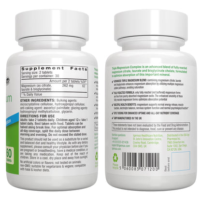 Igennus Superior Triple Magnesium Complex, Fully Reacted & Chelated Glycinate, Taurate & Citrate, Clean Label, High Bioavailability & Absorption, 60 Tablets, Vegan, Non-Buffered - dailyvitalstore
