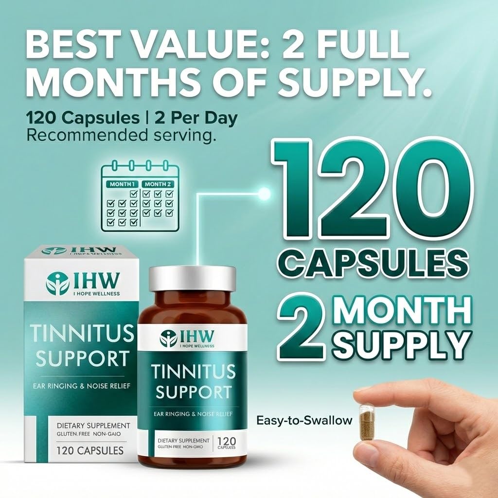 IHW Tinnitus Relief for Ringing Ears, 1200mg Tinnitus Relief Supplement, 120 Capsules, with Vitamin B Complex & C, Reduces Ringing in Ears, Promotes Hearing Wellness & Comfort - dailyvitalstore