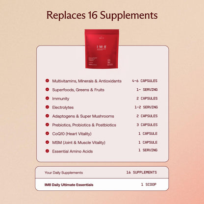 IM8 Daily Ultimate Essentials All-in-One Multivitamin Supplement Powder Bag, 92 Nutrient Rich Ingredients CoQ10, Probiotics, Vitamins, Greens, Gluten Free, Vegan, Acai Mixed Berry, 12.5oz, 30 Servings - dailyvitalstore