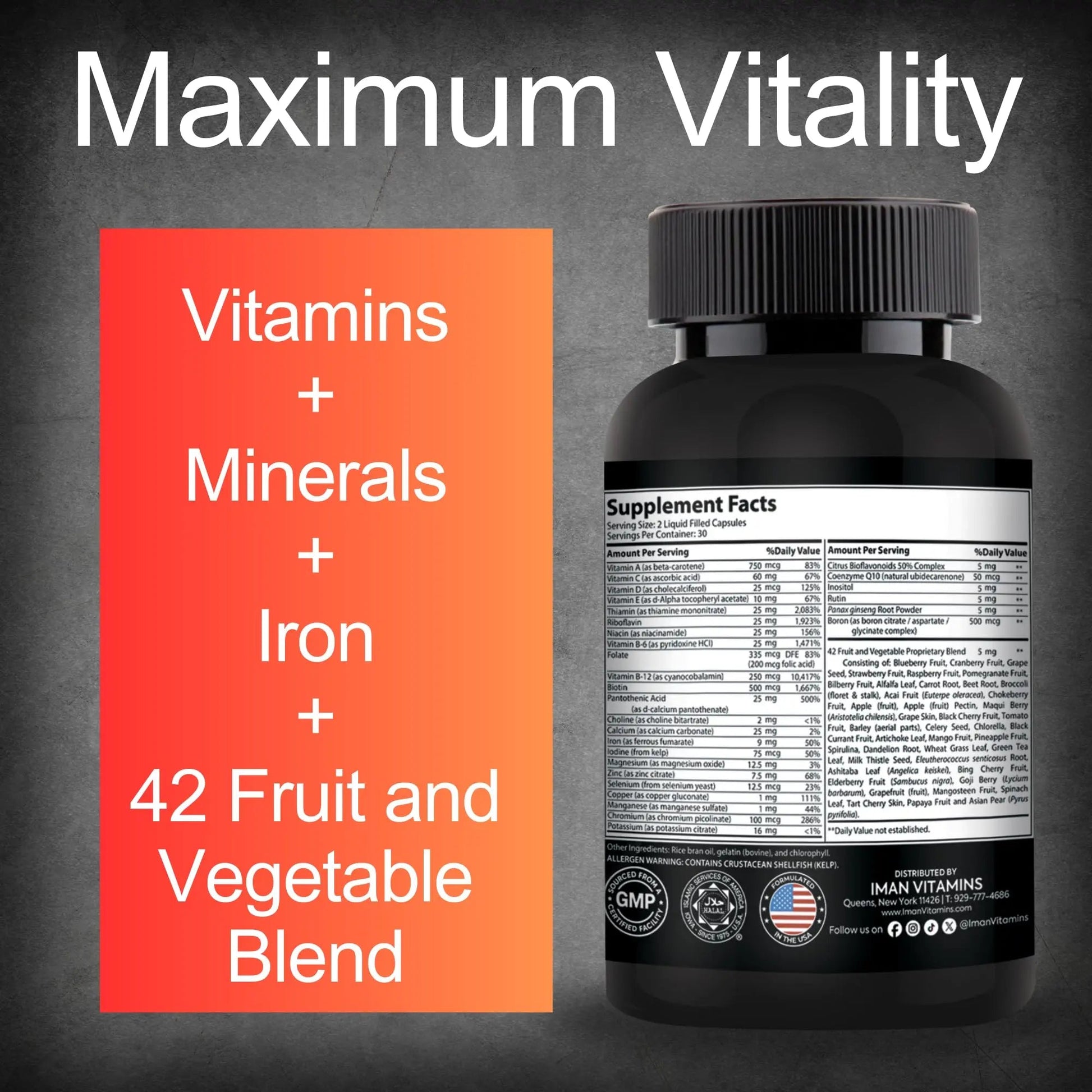 Iman Vitamins Halal Complete Multivitamin Capsules for Adults Men & Women | 42 Fruit & Vegetable Blend - dailyvitalstore