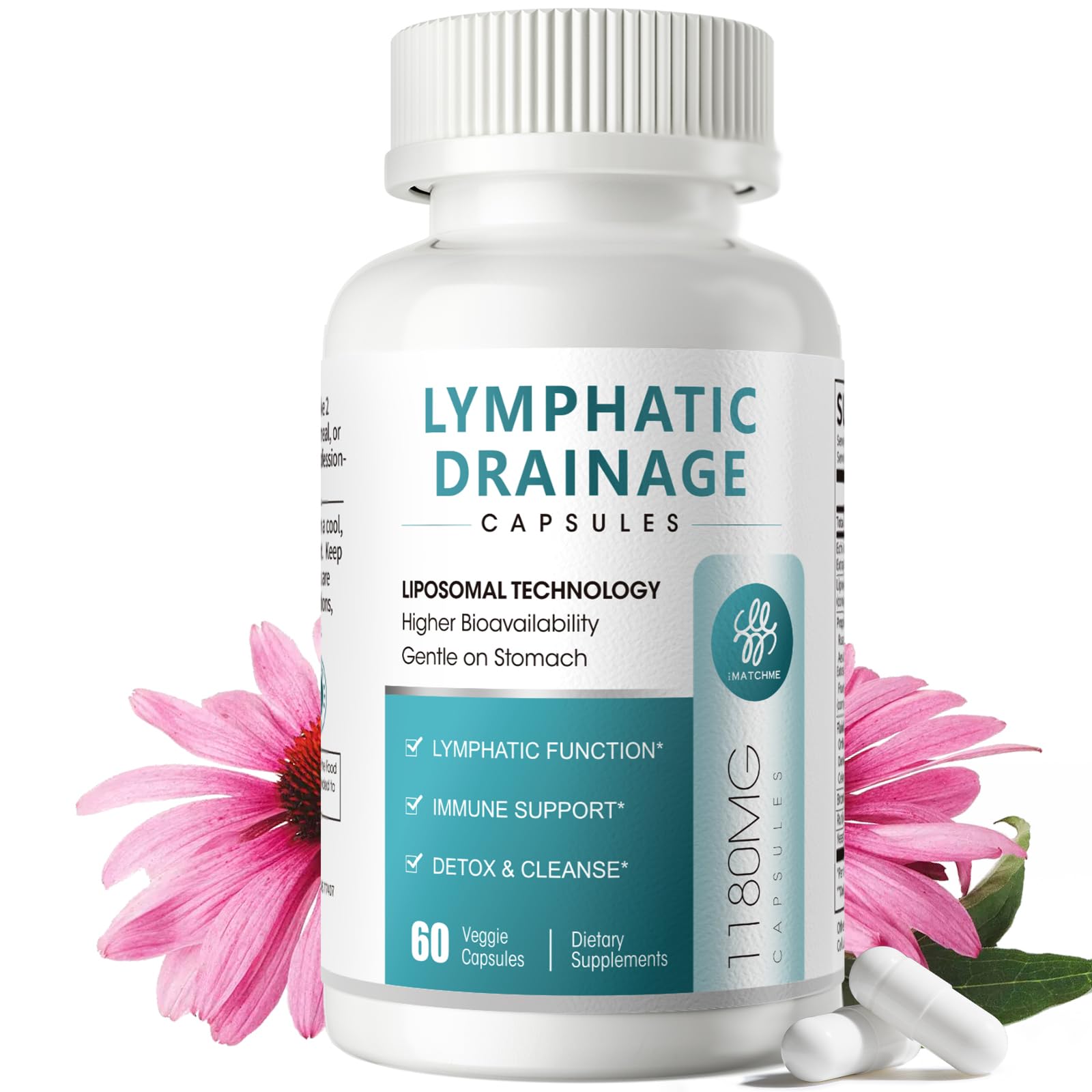 iMATCHME Lymphatic Drainage Supplements for Lymph System Support, Detox & Cleanse, Liver Health,Fluid Balance, Immune Support, Natural Herbal Blends with Echinacea, Liposomal Glutathione, 60 Capsules - dailyvitalstore