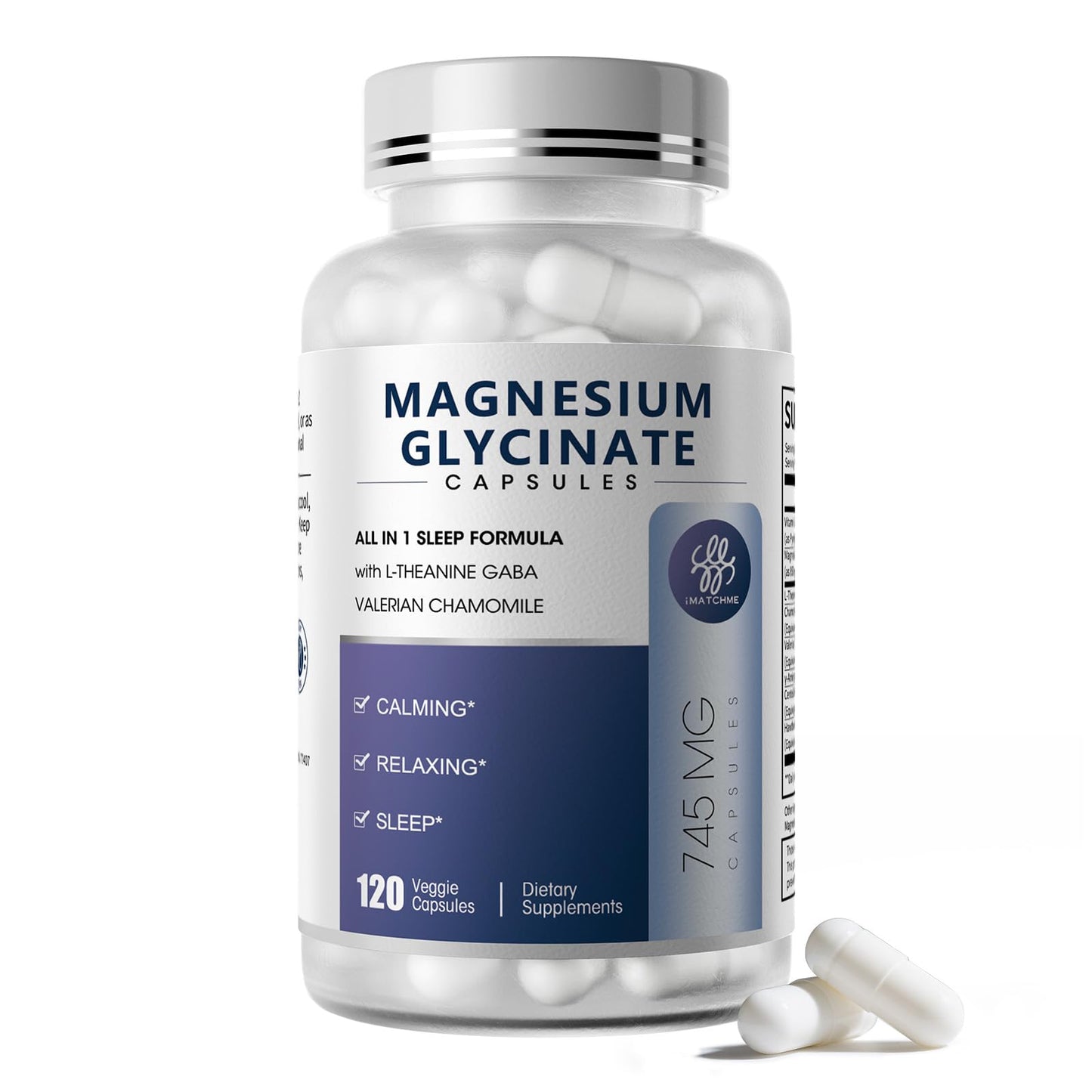 iMATCHME Magnesium Glycinate 850mg Capsules with L-Theanine, Chamomile & GABA for Sleep, Calmness, Muscle, Bone Health & Immune Support, Magnesium for Women and Men, Vegan, High-Absorption, 120 Count - dailyvitalstore