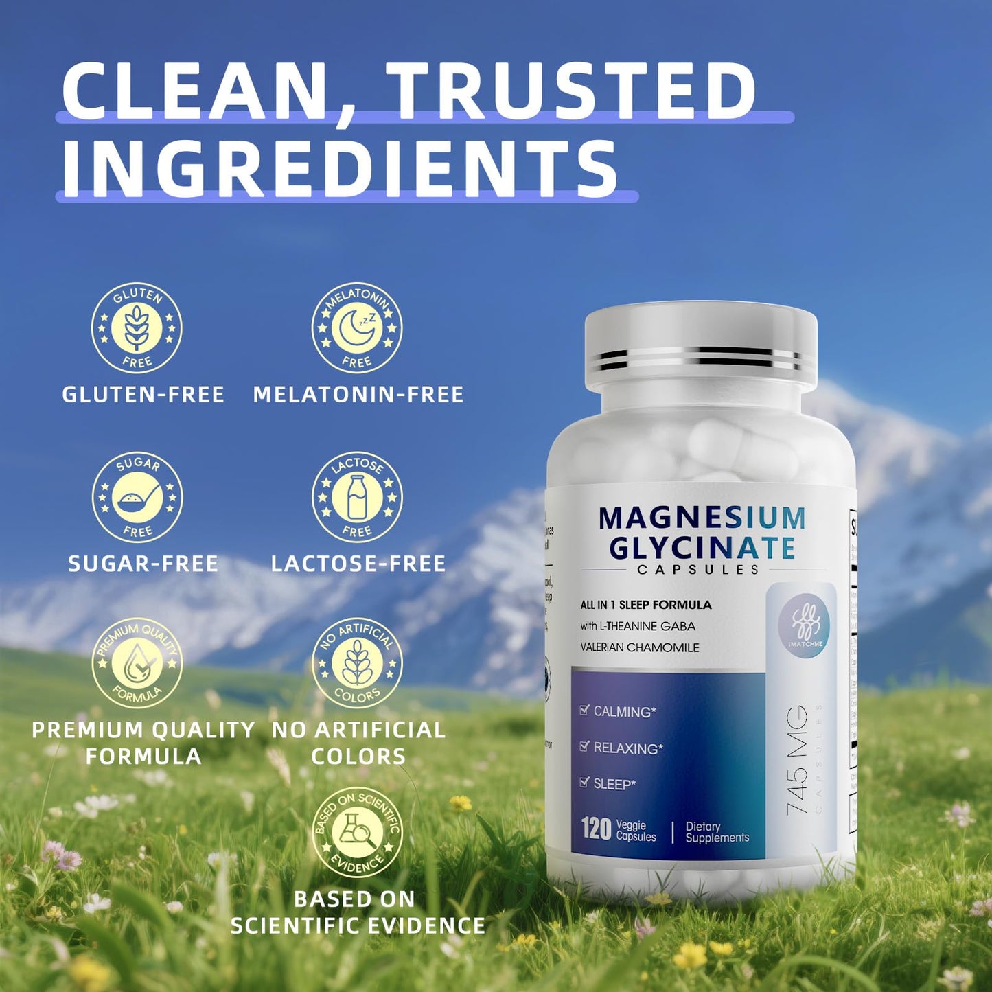 iMATCHME Magnesium Glycinate 850mg Capsules with L-Theanine, Chamomile & GABA for Sleep, Calmness, Muscle, Bone Health & Immune Support, Magnesium for Women and Men, Vegan, High-Absorption, 120 Count - dailyvitalstore