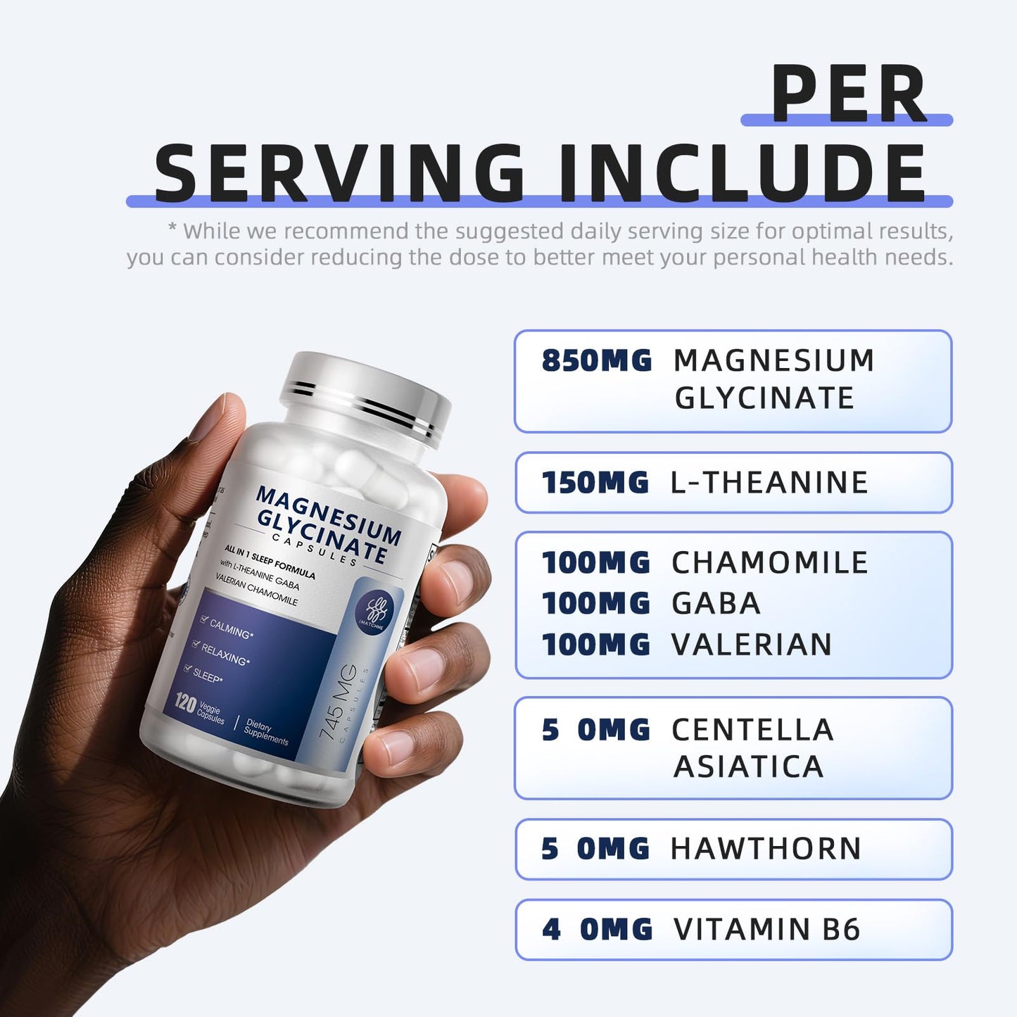 iMATCHME Magnesium Glycinate 850mg Capsules with L-Theanine, Chamomile & GABA for Sleep, Calmness, Muscle, Bone Health & Immune Support, Magnesium for Women and Men, Vegan, High-Absorption, 120 Count - dailyvitalstore