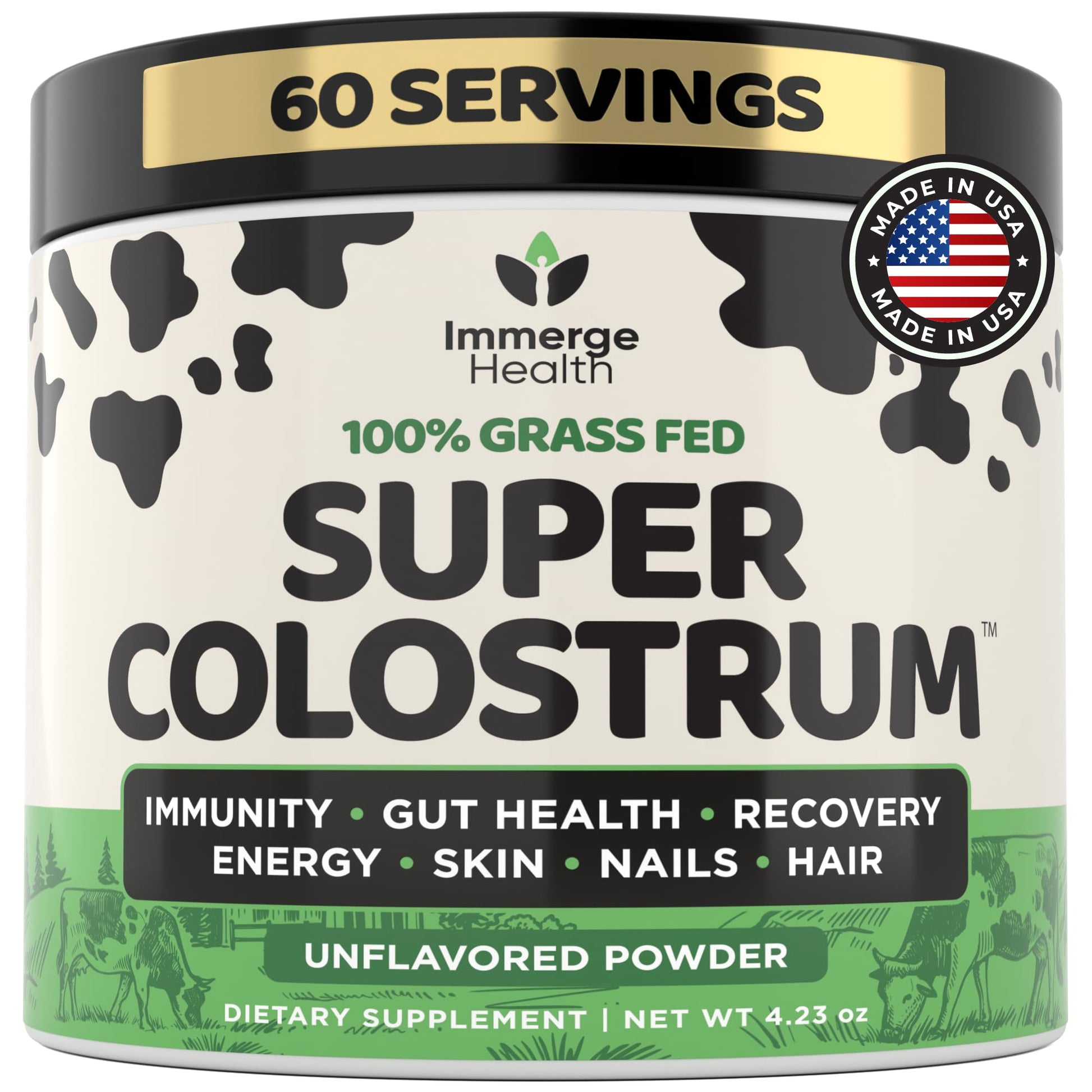 Immerge Health Super Colostrum Powder (60 Servings) – Premium Bovine Colostrum Supplement for Gut Health, Bloating & Immune Support – High IgG, 100% Grass Fed First Milking, Unflavored, Made in USA - dailyvitalstore