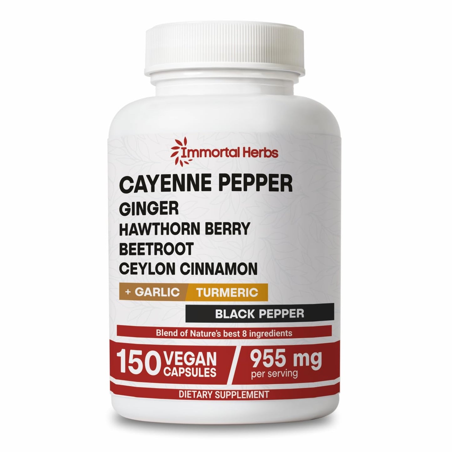 Immortal Herbs Cayenne Pepper Capsules w/Garlic, Ginger, Hawthorn, Turmeric, Cinnamon, Beet Root and Black Pepper Extract, 150 Cayenne Capsules, Non-GMO & Gluten Free Capsaicin Supplement - dailyvitalstore