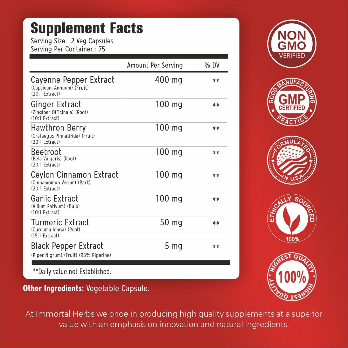 Immortal Herbs Cayenne Pepper Capsules w/Garlic, Ginger, Hawthorn, Turmeric, Cinnamon, Beet Root and Black Pepper Extract, 150 Cayenne Capsules, Non-GMO & Gluten Free Capsaicin Supplement - dailyvitalstore