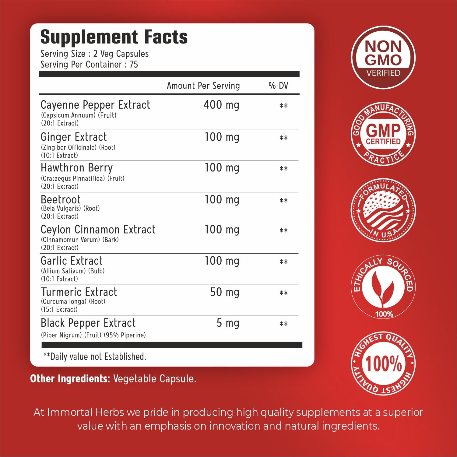 Immortal Herbs Cayenne Pepper Capsules w/Garlic, Ginger, Hawthorn, Turmeric, Cinnamon, Beet Root and Black Pepper Extract, 150 Cayenne Capsules, Non-GMO & Gluten Free Capsaicin Supplement - dailyvitalstore