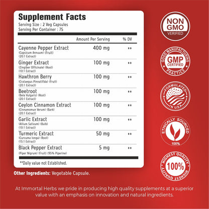 Immortal Herbs Cayenne Pepper Capsules w/Garlic, Ginger, Hawthorn, Turmeric, Cinnamon, Beet Root and Black Pepper Extract, 150 Cayenne Capsules, Non-GMO & Gluten Free Capsaicin Supplement - dailyvitalstore